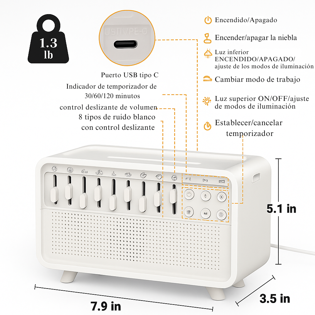 SueñoZen 5 en 1 – Ruido Blanco, Aromaterapia, Luz Nocturna y Bluetooth