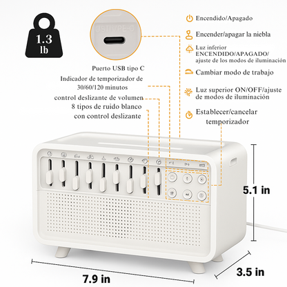SueñoZen 5 en 1 – Ruido Blanco, Aromaterapia, Luz Nocturna y Bluetooth